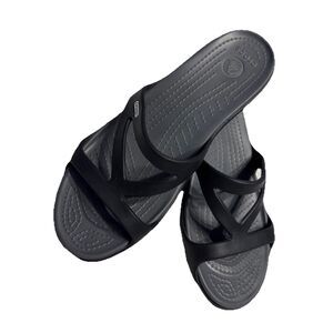 Crocs Hilga Sandals Sz 11 Black & Gray Women Wedges with Padded Footbed Slip On